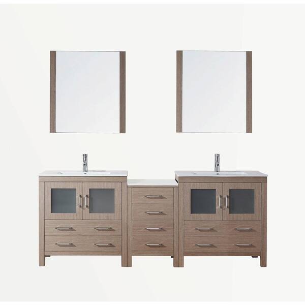 Virtu USA Dior 82 in. W Bath Vanity in Dark Oak with Ceramic Vanity Top in White with Square Basin and Mirror and Faucet
