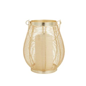9 in. H Gold Metal Decorative Candle Lantern with Thin Metal Handle