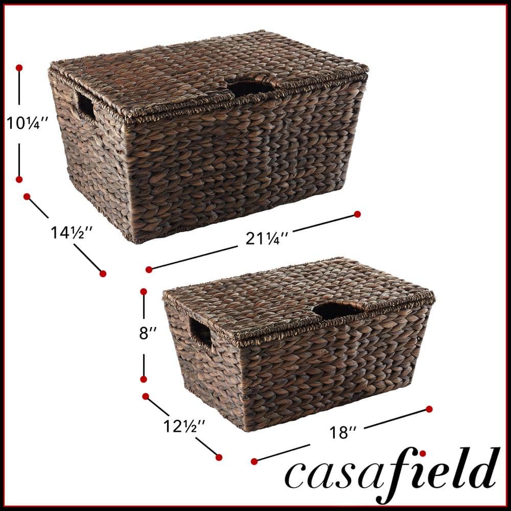 Set of 2 Dark Brown Water Hyacinth Storage Baskets with Lids