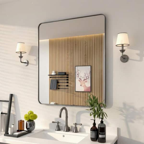 30 in. W x 36 in. H Rectangular Framed Wall Bathroom Vanity Mirror in Gun Grey