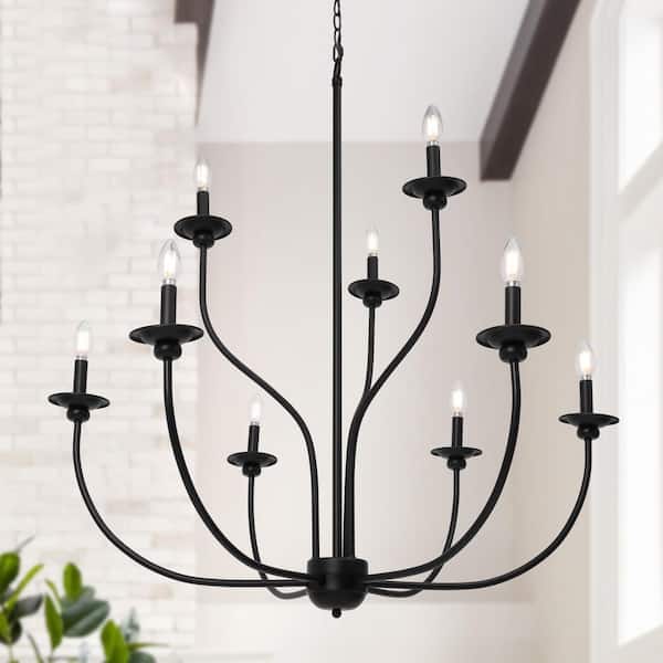39.4 in. Black Tiered Candlestick Chandelier Modern 9-Light Classic Large Dining Hanging Ceiling Light with 96 in. Chain