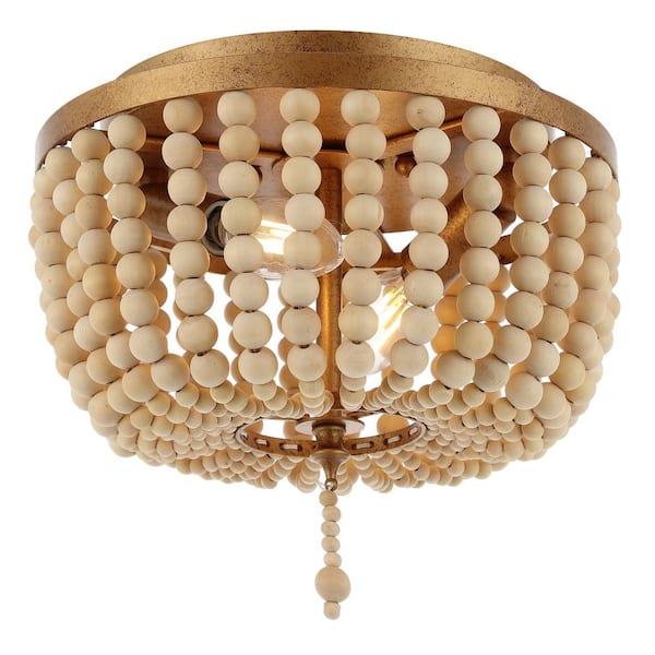 Allison 10 in. 2-Light Shabby Chic Farmhouse Wood Beaded/Metal LED Flush Mount, Antique Gold/Cream