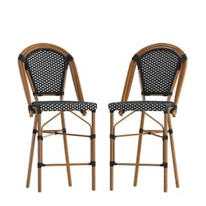 41.5 in. Black/White/Natural Mid-Back Metal Bar Stool with Rattan Seat (Set of 2)