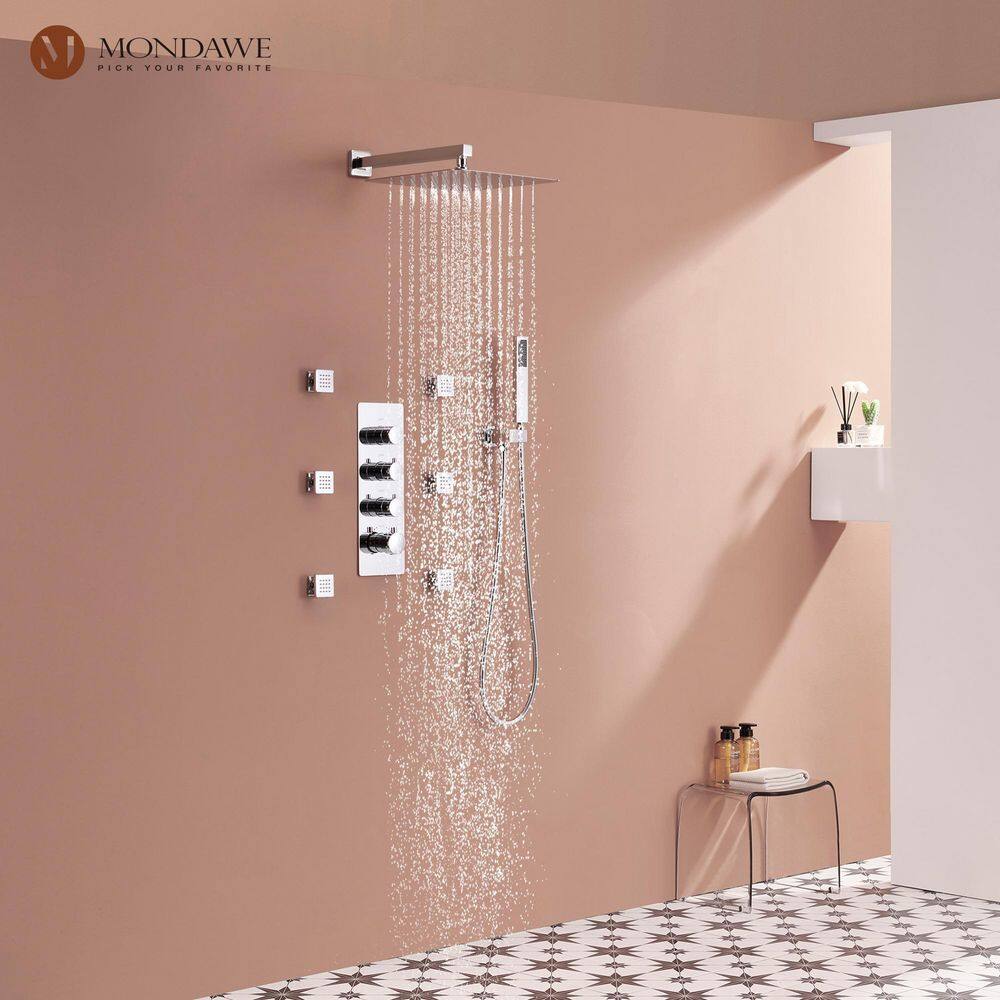 12 Inch Chrome LED Wall Mounted Rain Shower System with Handheld and Body Jets