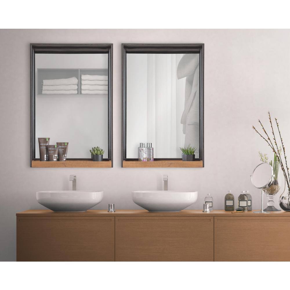 Rustic Brown and Silver 33.1" Wood Bathroom Vanity Mirror with Shelf