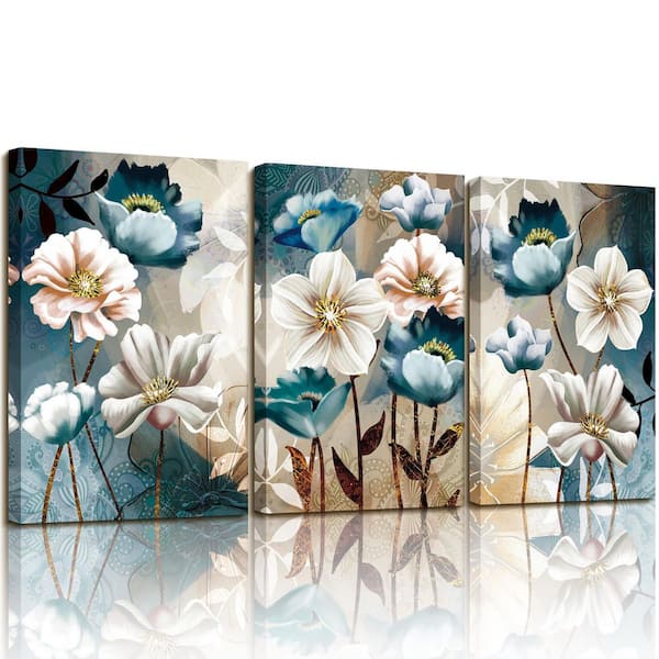 3 Piece Unframed Lotus Flower Canvas Wall Art, 12 in x 16 in Blue Floral Picture Wall Decor, Art Print Painting