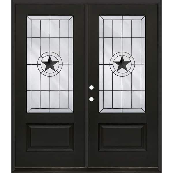 Regency 72 in. x 80 in. 3/4L Alamo Glass RHIS Onyx Stain Fiberglass Double Prehung Front Door with 6-9/16 Jamb