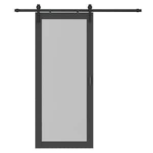 36 in. x 84 in. Full Lite Frosted Glass Black Finished Composite Sliding Barn Door with Hardware Kit and Door Handle