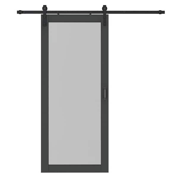 36 in. x 84 in. Full Lite Frosted Glass Black Finished Composite Sliding Barn Door with Hardware Kit and Door Handle