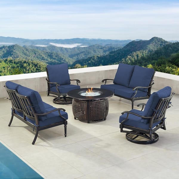 Oakland Living Black 5-Piece Aluminum Patio Fire Table Set with Blue Cushions