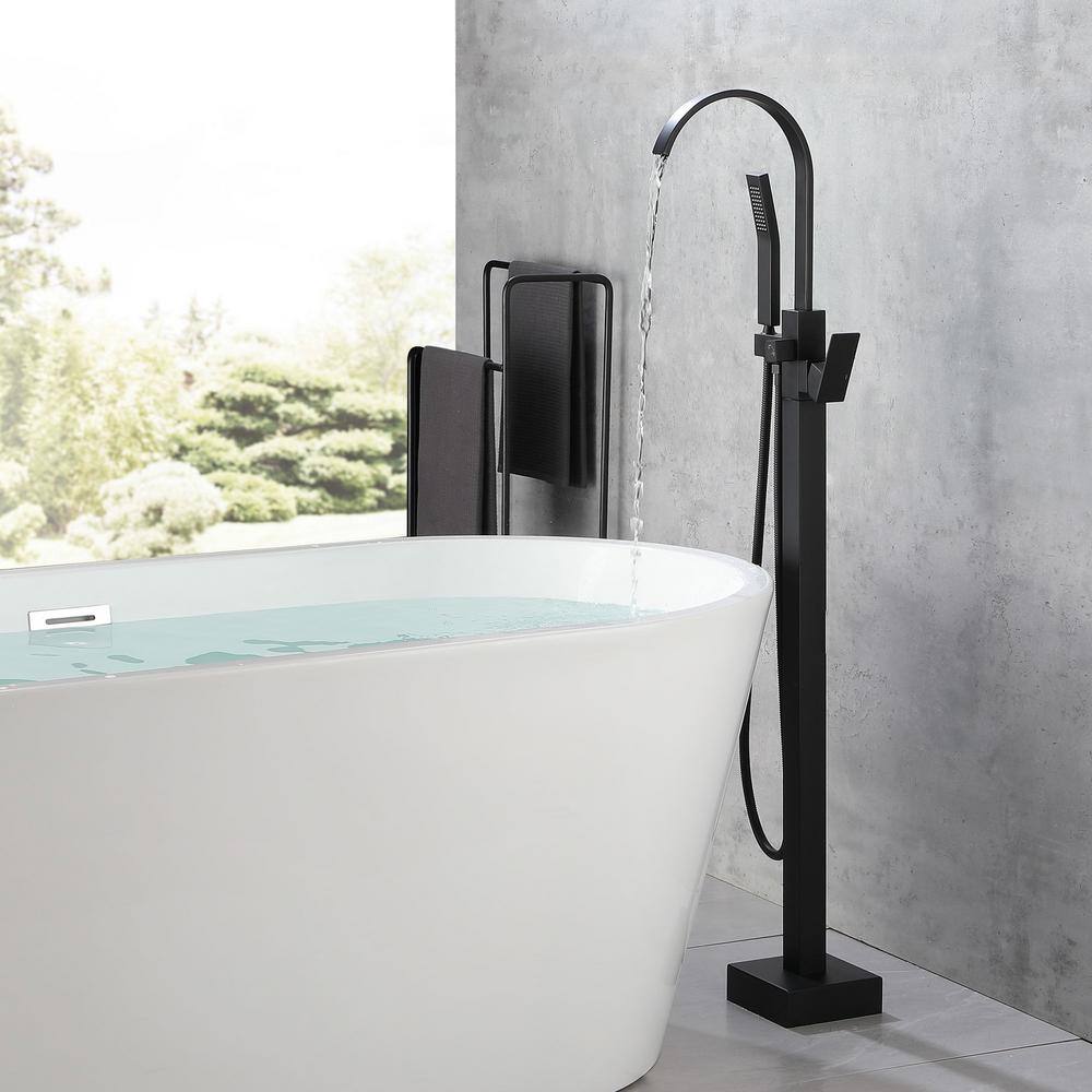 Matte Black Freestanding Floor Mount Tub Faucet with Hand Shower