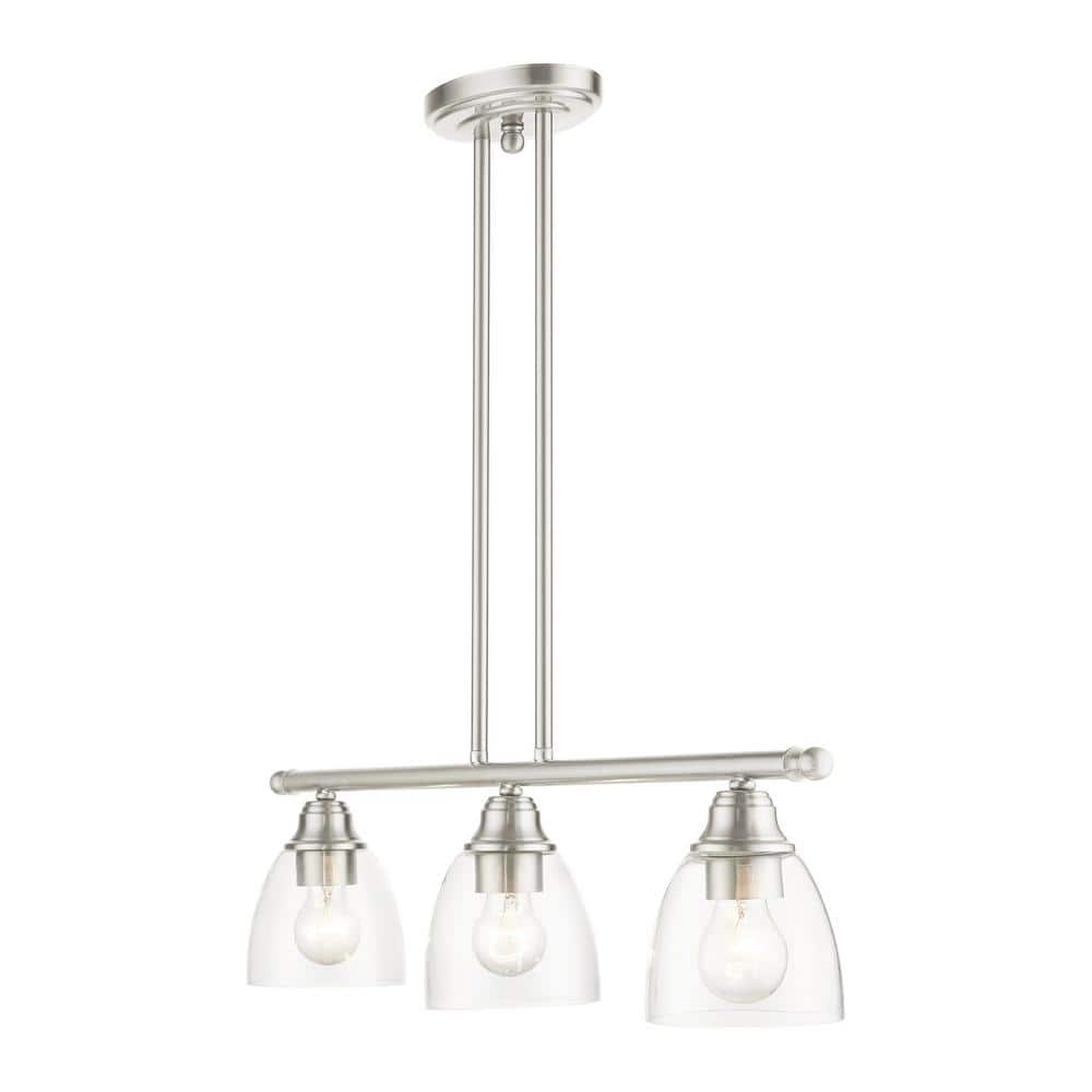 Elegant Brushed Nickel 3-Light Linear Chandelier with Hand-Blown Glass Shades