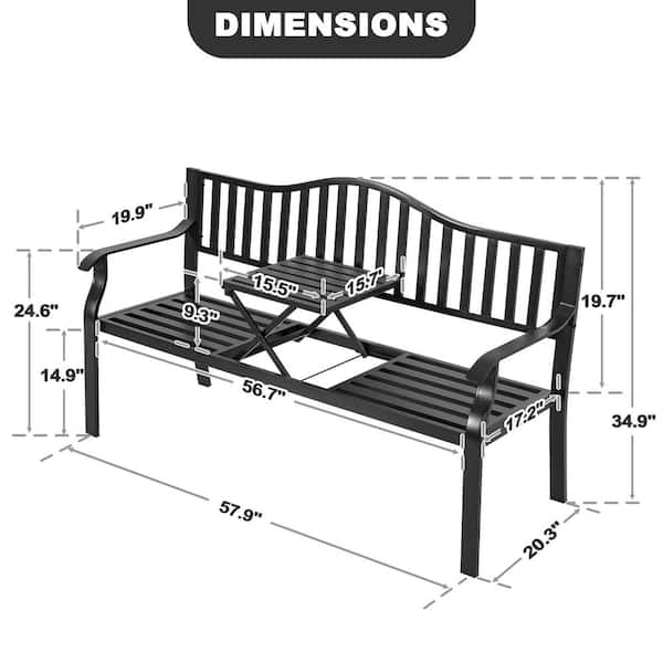 Nuu Garden 58 in. Black Metal Outdoor Bench with Backrest and a