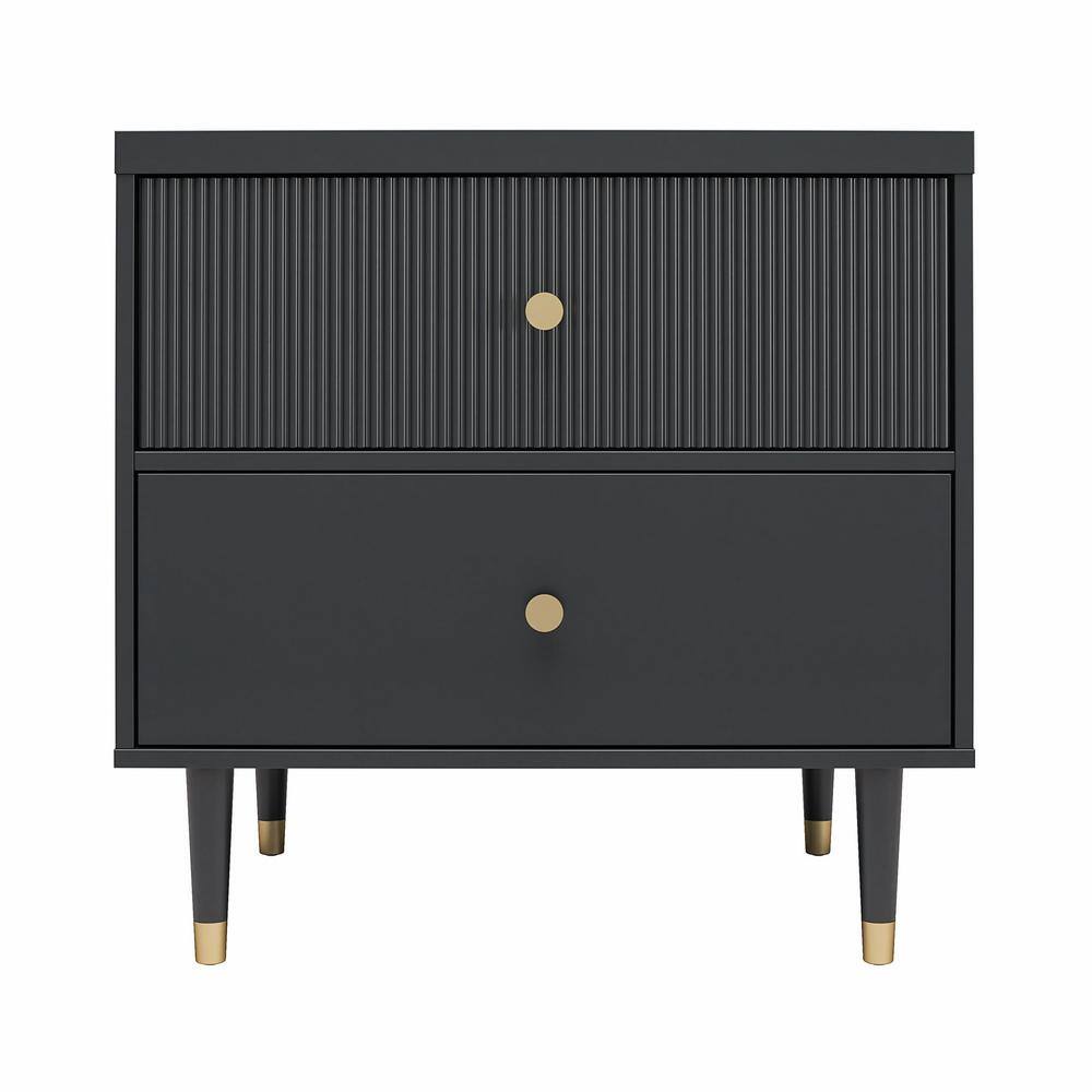 Black MDF Nightstand with Brass Handles and Ribbed Drawer