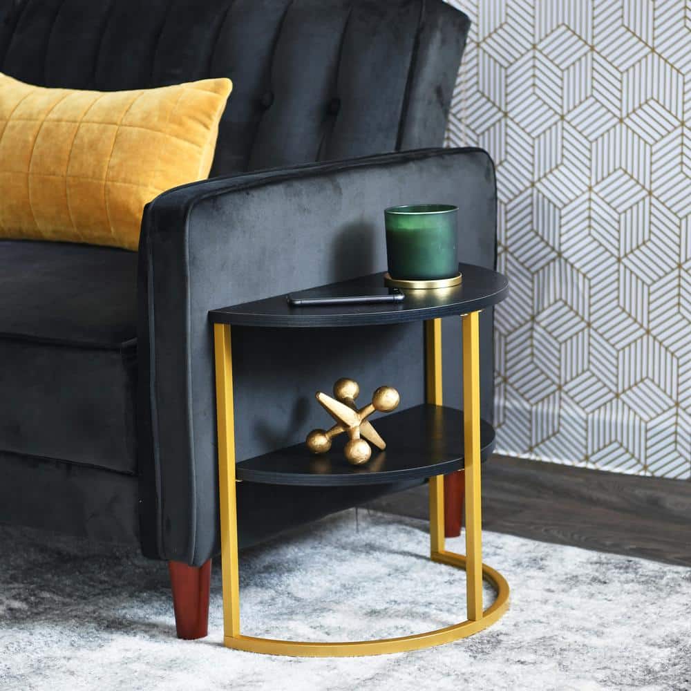 Black Oak and Gold Half-Moon 2-Tier End Table