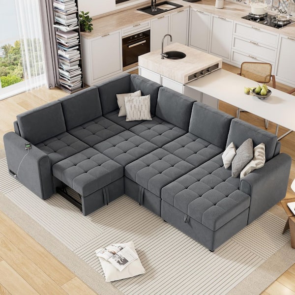 aisword Gray 141.5 in. U-shaped Corduroy Fabric Queen Size Sectional Sofa Bed with a Storage Chaise Lounge, Charging Devices