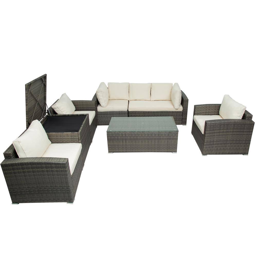 Elegant 7-Piece Wicker Patio Conversation Set with Beige Cushions AL ...