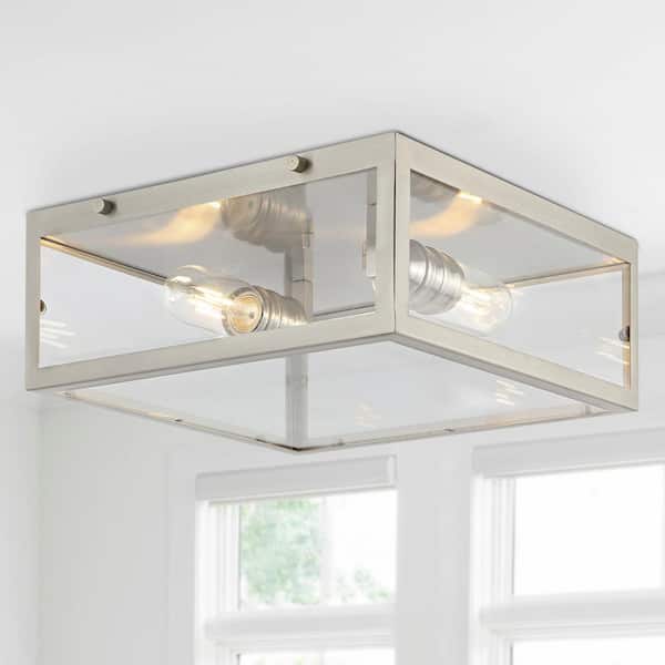 JONATHAN Y Grayson 12 in. 2-Light Nickel Bohemian Farmhouse Iron/Glass LED Flush Mount, Clear
