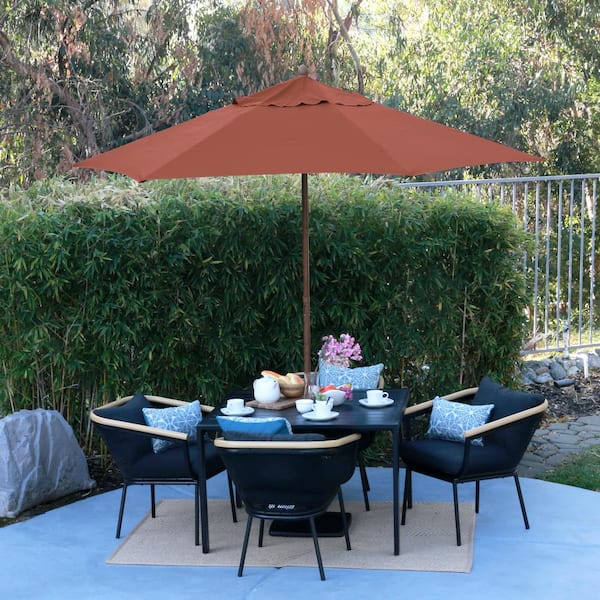 9 ft. Wood-Grain Steel Push Lift Market Patio Umbrella in Polyester Brick Fabric