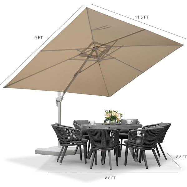 9 ft. x 11 ft. Outdoor Patio Cantilever Umbrella White Aluminum Offset 360° Rotation Umbrella with Base, Beige