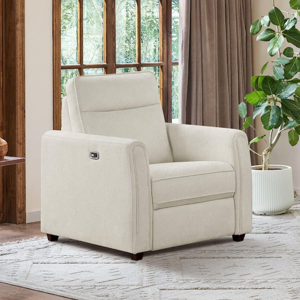 Orin 35.4 in. Zero Wall Round Arm Fabric Rectangle Recliner Sofa in Linen w/ High Back and USB and Type-C Charging Ports