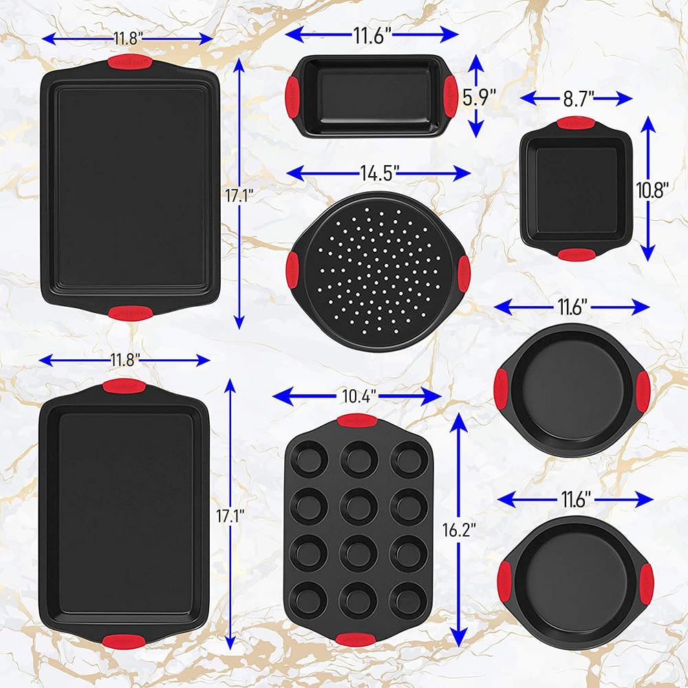 NutriChef 8-Piece Non-Stick Carbon Steel Bakeware Set with Red Silicone Handles