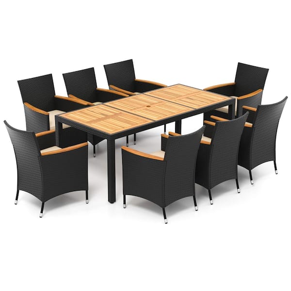 Costway 9-Piece Wood Rectangle 29.5 in Outdoor Dining Set with Cushions Beige