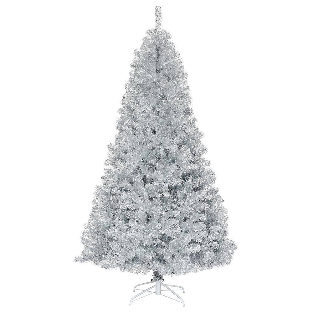 Costway 7.5 ft. Hinged Unlit Artificial Silver Tinsel Christmas Tree