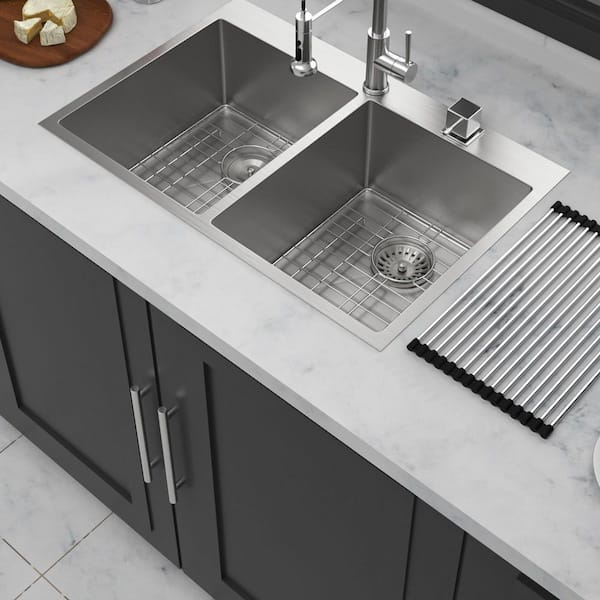 33 in. Drop in Double Bowl (50/50) 16 Gauge Brushed Nickel Stainless Steel Kitchen Sink with Bottom Grids