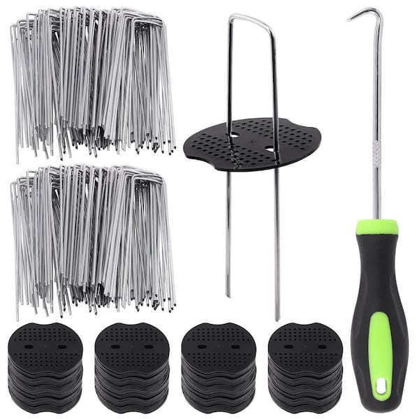 Garden Stakes Kit 6 in. Galvanized Steel U-Shaped Landscape Staples w/ 100-Pieces Fixing Gaskets, 1-Pick Hook 201-Pack