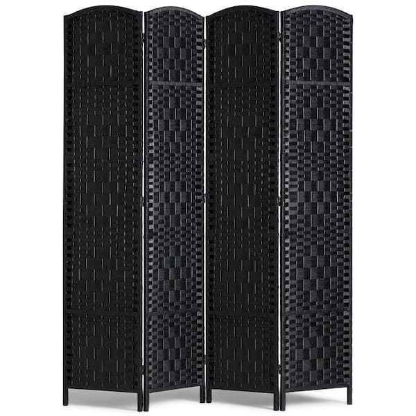 4-Panel Room Divider, Hand-Woven Folding Privacy Screens, Portable and Freestanding Partition, Black, No Cabinet, Wood