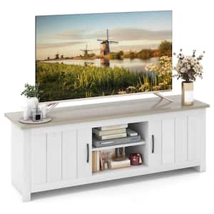 57 in. Natural TV Stand for TVs up to 65 in. with 2 Cabinets and Open Shelves, Cable Management Holes