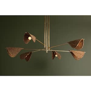 Barnaby 60 In. 6 light Vintage Gold Leaf Finish Statement Chandelier with Natural Abaca Shade