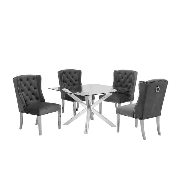 Best Quality Furniture Anitta 5-Piece Square Glass Top With Stainless Steel Base Table Set With 4 Dark Grey Velvet Chairs With Back Ring Handle