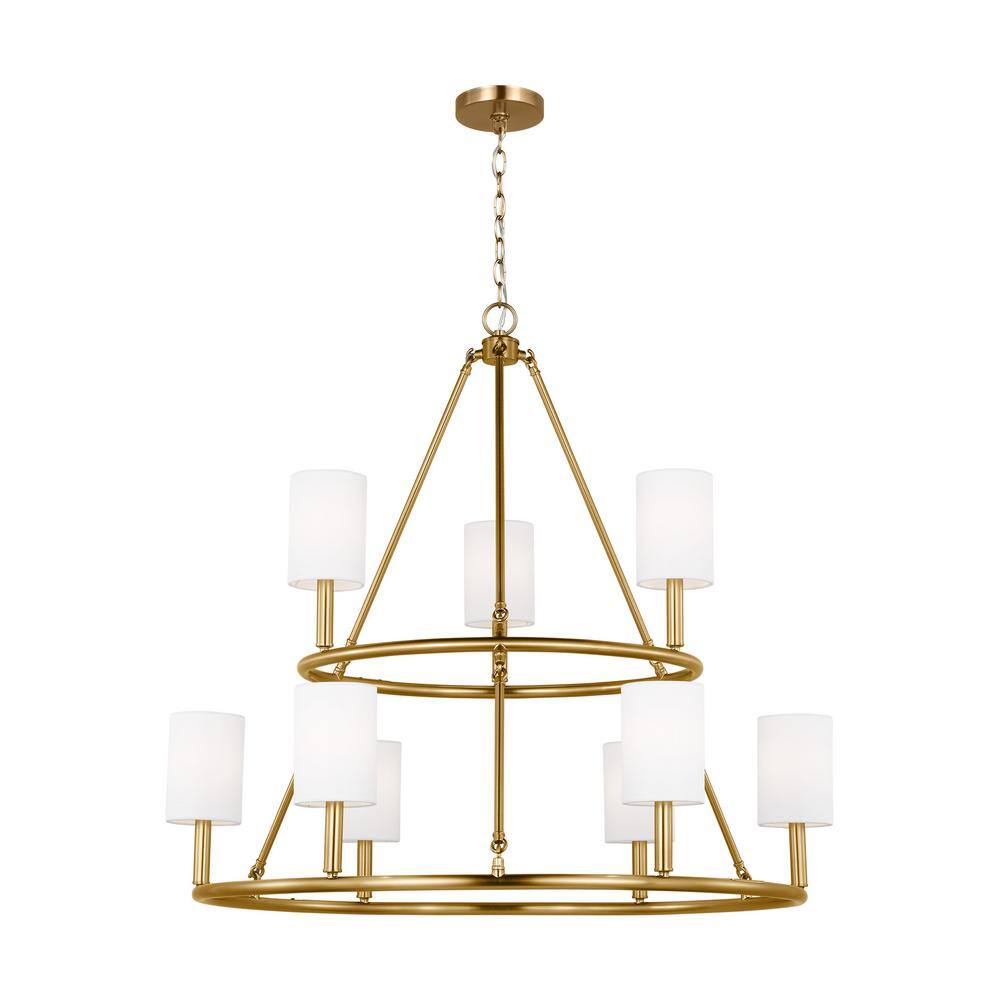 Egmont Satin Brass 9-Light Chandelier with White Linen Shades