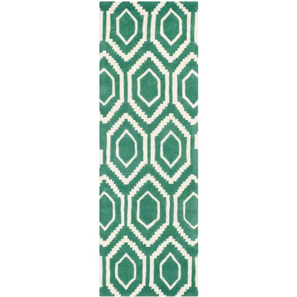 SAFAVIEH Chatham Teal/Ivory 2 ft. x 7 ft. Multi-Diamond Geometric Runner Rug
