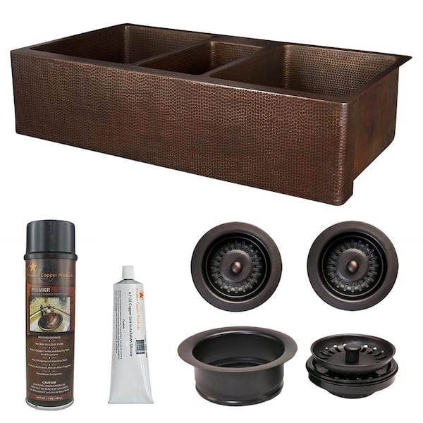 Premier Copper Products Copper 42 in. Triple Bowl Kitchen Farmhouse Apron Front Sink and Drain in Oil Rubbed Bronze