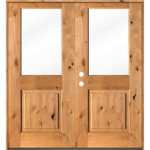 64 in. x 80 in. Rustic Knotty Alder Clear Half-Lite clear stain Wood Right Active Inswing Double Prehung Front Door