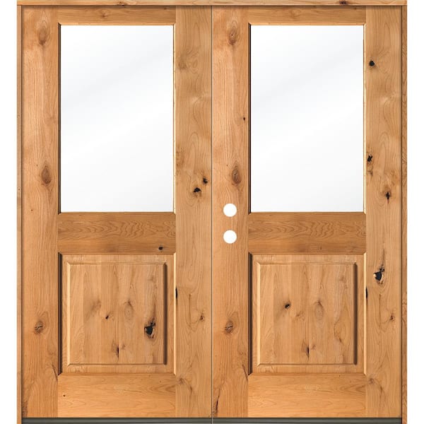 Krosswood Doors 64 in. x 80 in. Rustic Knotty Alder Clear Half-Lite clear stain Wood Right Active Inswing Double Prehung Front Door