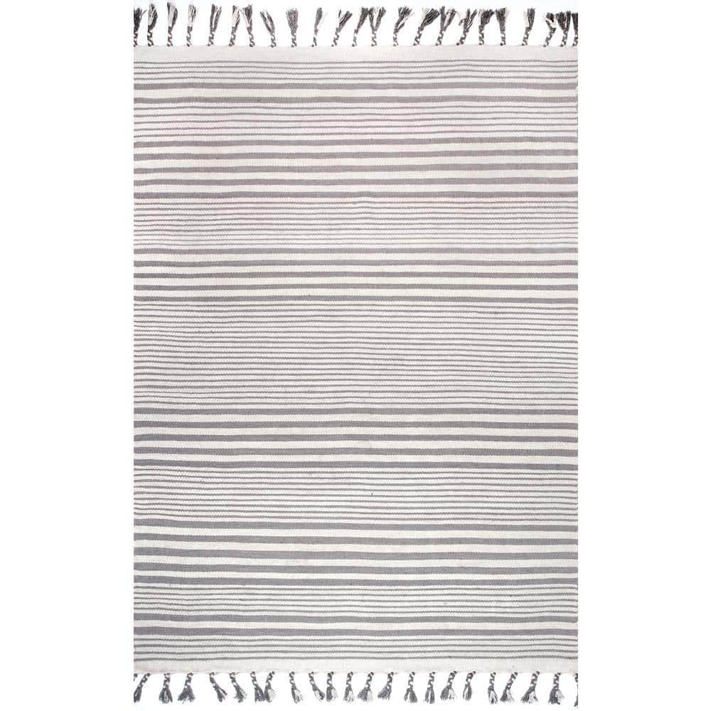 nuLOOM Rose Stripe Cotton Flatweave Tassel Light Gray 8 ft. x 10 ft