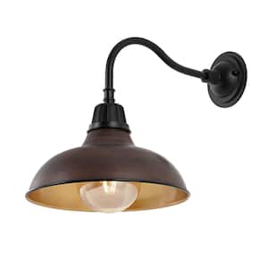 Aurora 12.25 in. Wood Finish/Copper 1-Light Farmhouse Industrial Indoor/Outdoor Iron LED Gooseneck Arm Outdoor Sconce