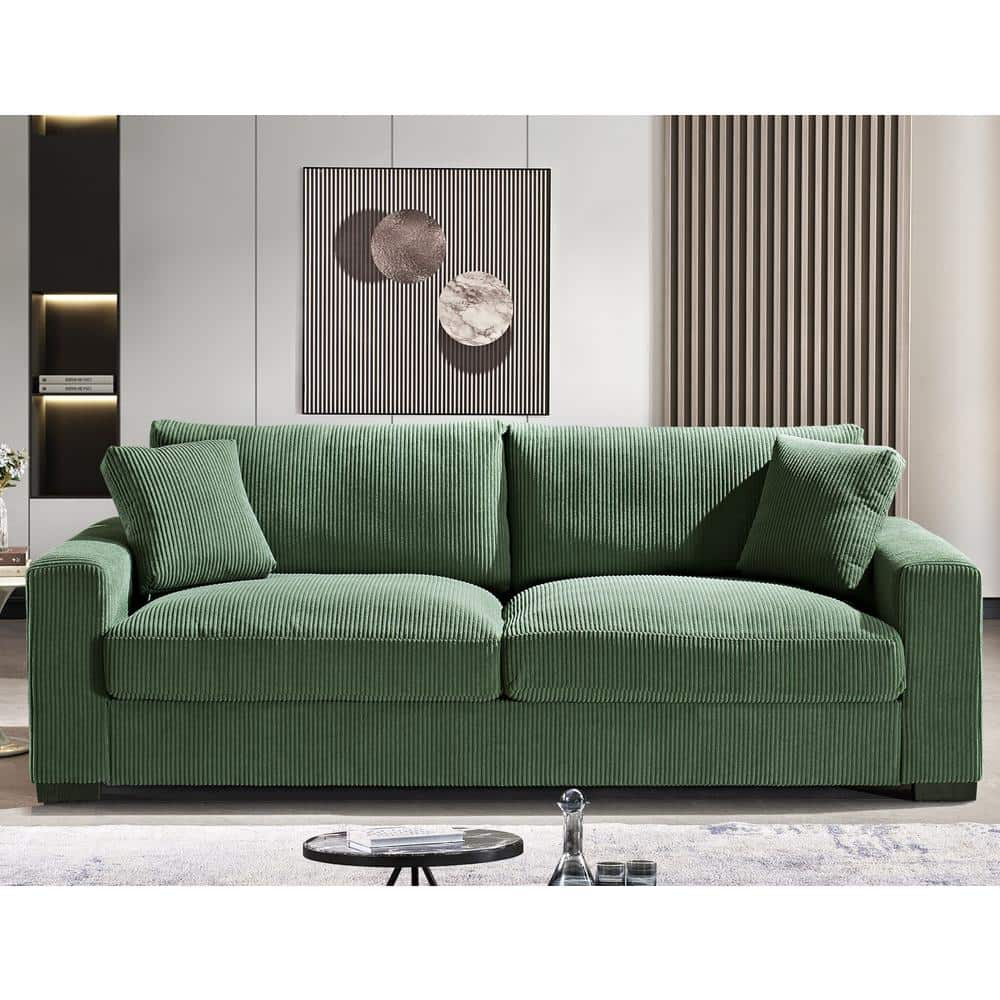 Luxe Collection 89 in. Wide Square Arm Soft Corduroy Polyesters Fabric Mid-Century Modern Rectangle Sofa in Green -  US Pride Furniture, S5863-S