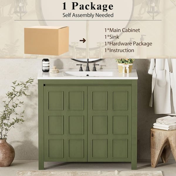 36 in. W Single Sink Bath Vanity in Olive Green with White Ceramic Top, 2-Doors