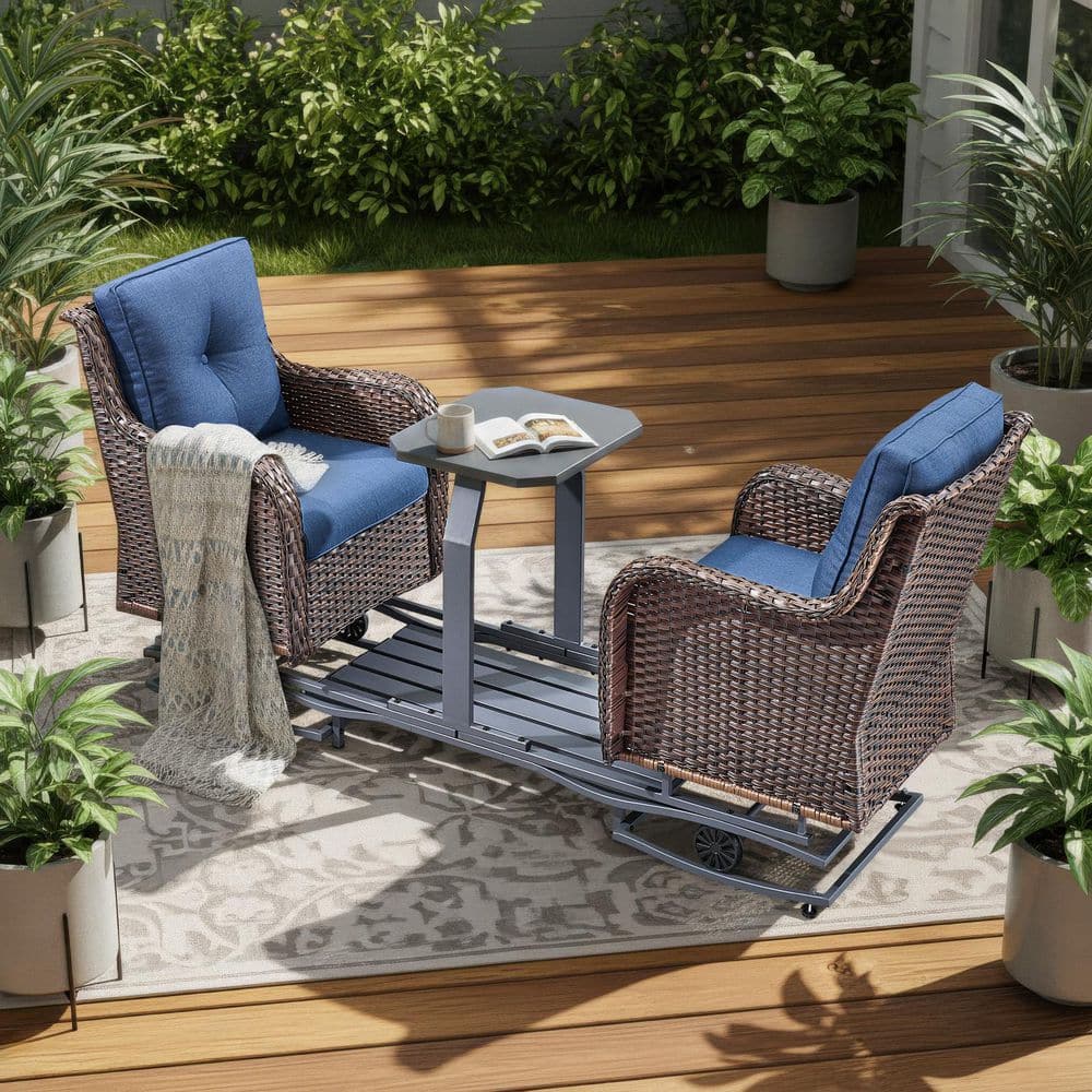 2-Person Brown Wicker Patio Swing, 2 Seater Rocking Swing Chairs Outdoor Glider Bench with Blue Cushion and Tabletop price history on PriceWatchPro