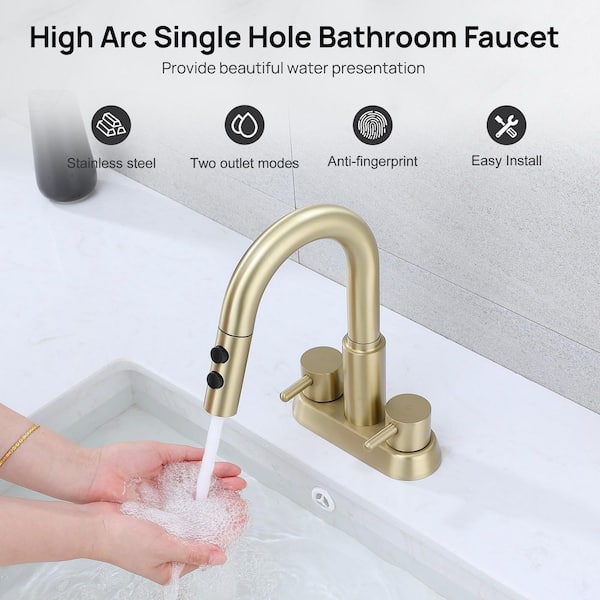 4 in. Centerset Double Handle Pull Down Bathroom Sink Faucet with 2 Modes Sprayer and Pop-Up Drain in Brushed Gold