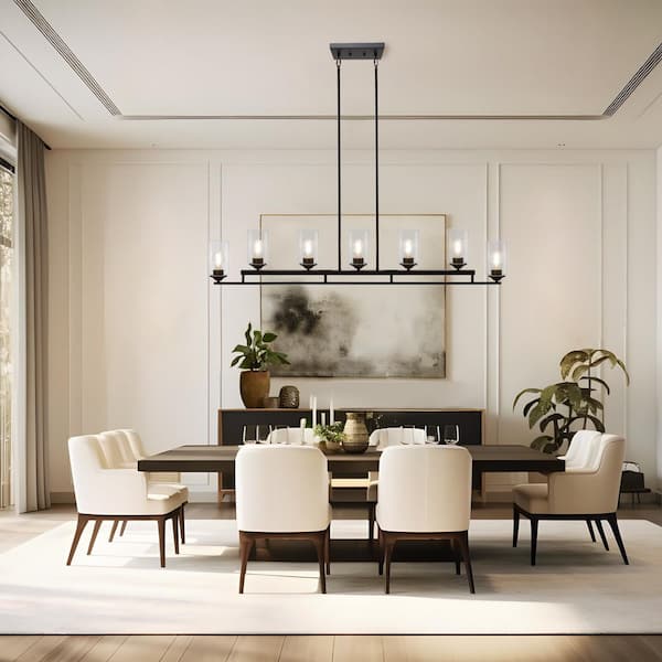 Large 53.1 in. 7-Light Black Island Chandelier with Clear Cylindrical Glass Shades for Kitchen Island and Dining Room