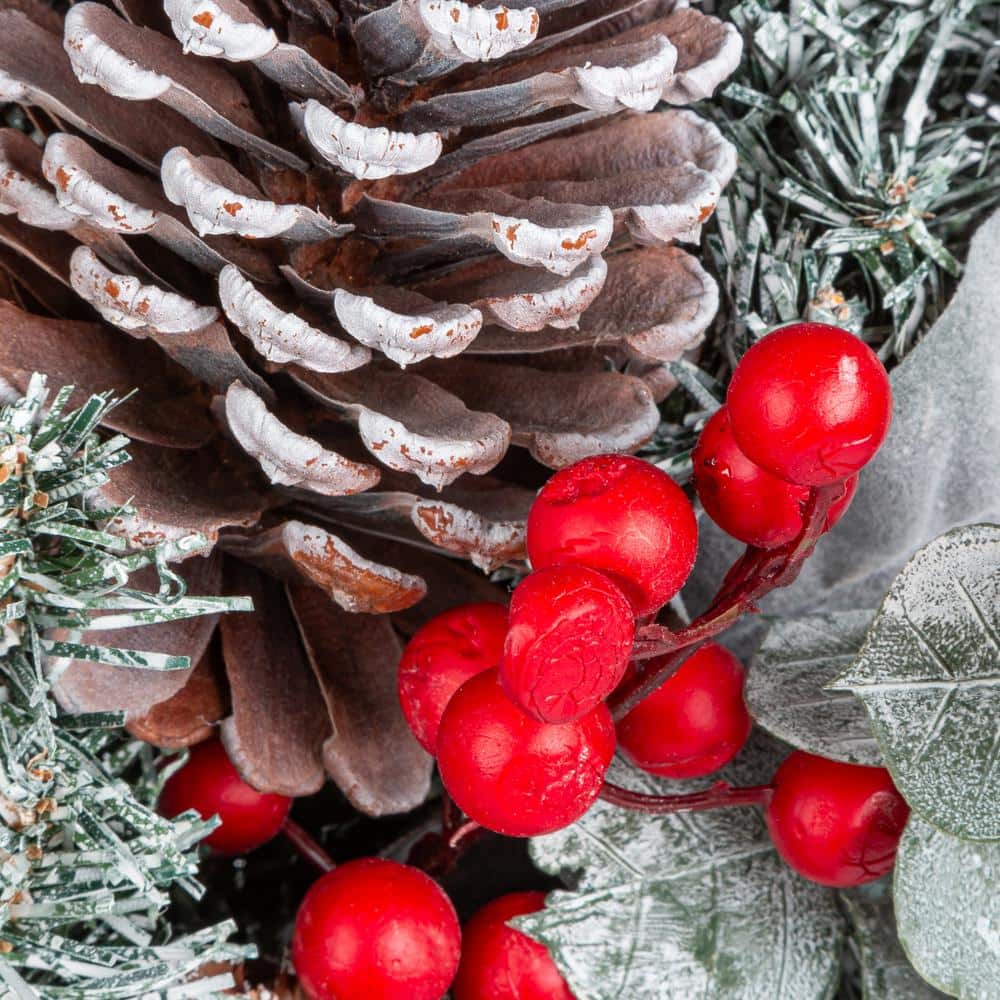 Snowy Pine Christmas Wreath with Red Bow and Pinecones