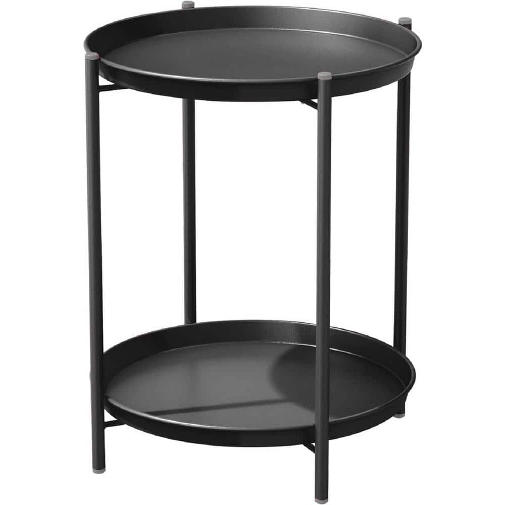 Sudzendf 27.56 in. W Black Metal Round Patio Outdoor Side Table ...