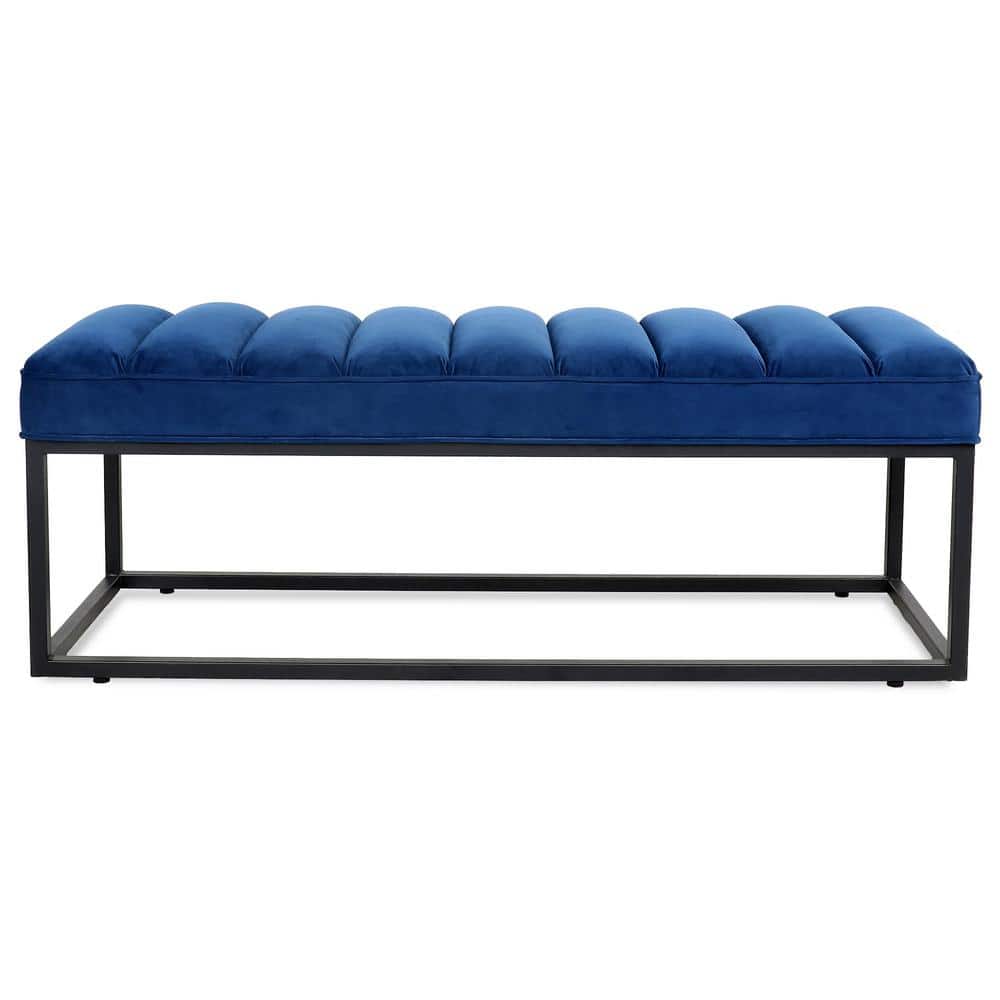 Navy Blue Velvet Upholstered Metal Frame Bedroom Bench