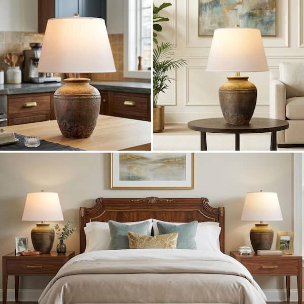 ROTTOGOON 22 in. Rustic Terracotta Ceramic Table Lamp with Linen